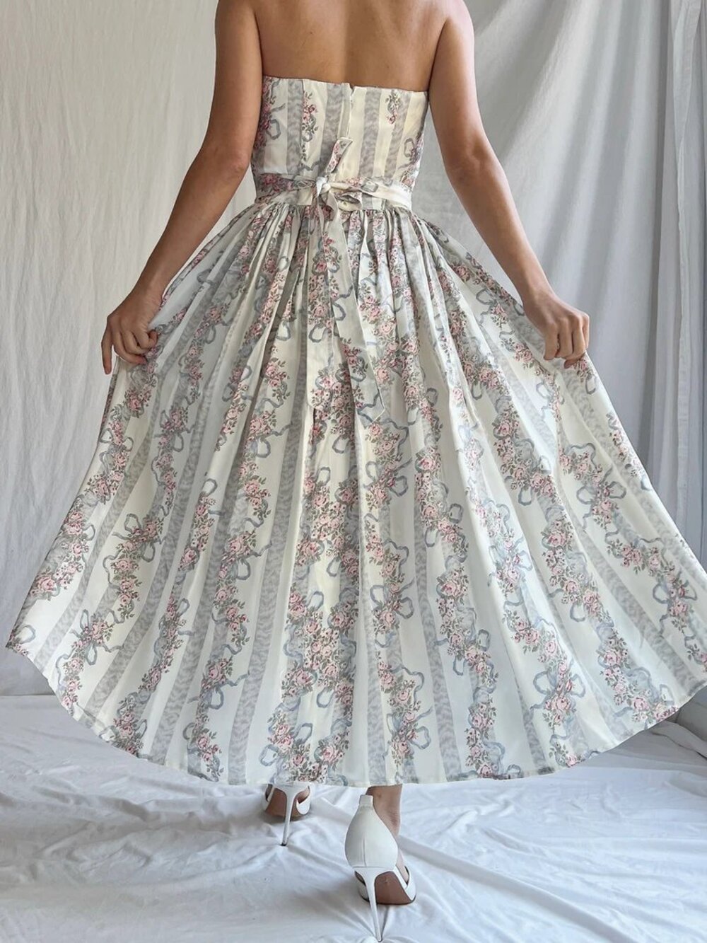 Gunne Sax Blue White Floral Bow Print Satin Midi Maxi Dress 5 - Picture 4 of 5